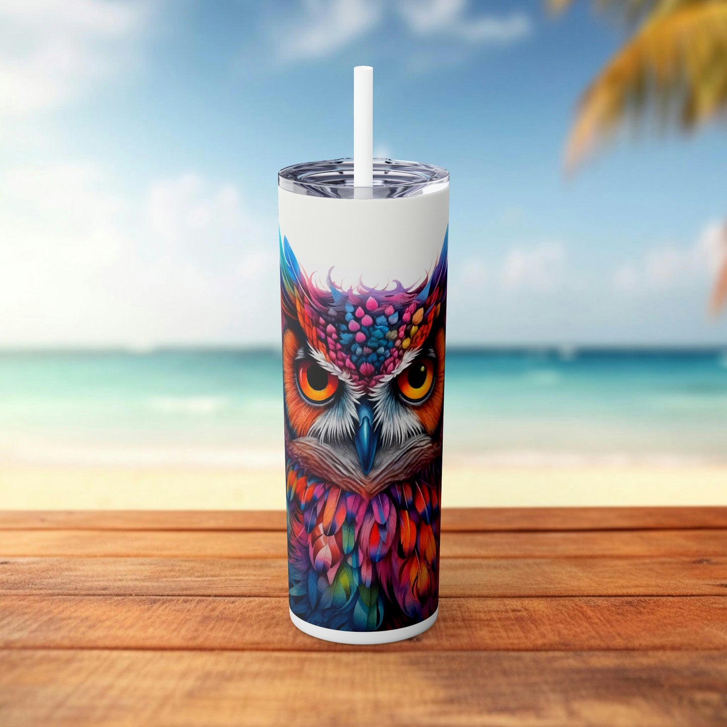 Wise Colorful Owl Skinny Tumbler with Straw, 20oz
